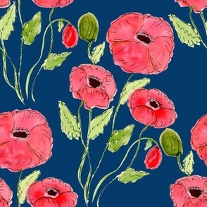 Bright red watercolor poppies on Royal blue