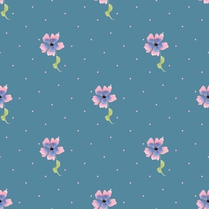 Pastel flowers on blue with pink dots