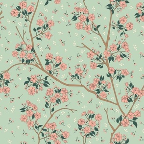 Sakura - Bloom - Cherry Blossom Flowers + Buds on Matcha Green