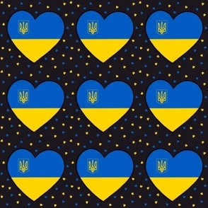 Ukrainian flag hearts with coat of arms and small hearts on black