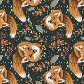 Autumn Foxes at night Fall leaves Dark Fabric