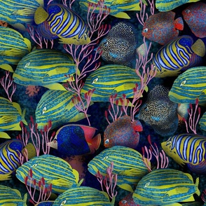 School of striped fish, marine life illustration for unusual decor.