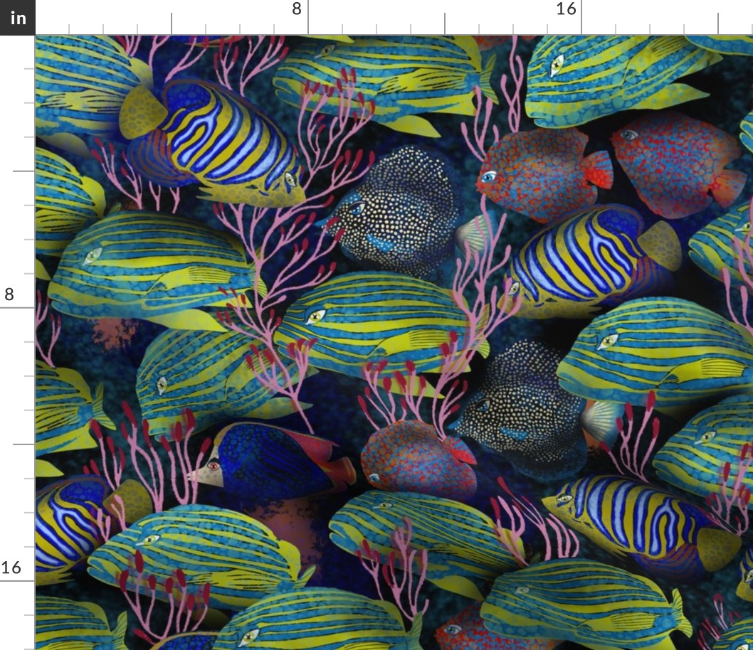 School of striped fish, marine life illustration for unusual decor.