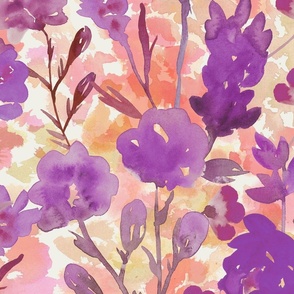 Climbing Meadow Flower in Watercolor - Purple and Magenta  Flowers on Orange Rust Background