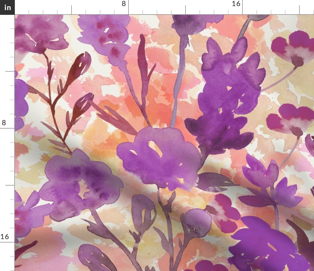 Climbing Meadow Flower in Watercolor - Purple and Magenta  Flowers on Orange Rust Background