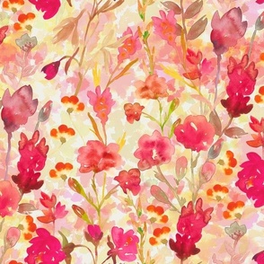 Summer Flower Field Watercolors in Tonal Red and Orange yellow Light