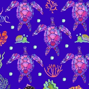 Pink Sea Turtles 2 on Blue - Large