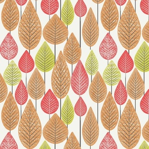 Fun Leaves and Trees Textured Collage Earth Tones Mix Large Whimsical Funky Retro Pattern in Neutral Colors Turmeric Yellow Mustard CCCC52 Chestnut Rose Red CC5252 Tussock Orange CC8F52 Chantilly Lace Ivory White Beige F5F5EF Modern Geometric Abstract