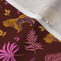 Jungle cats in pink and gold on maroon - small