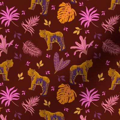 Jungle cats in pink and gold on maroon - small