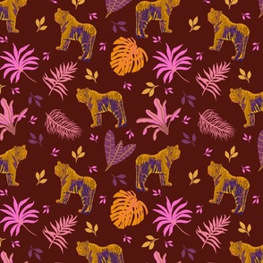 Jungle cats in pink and gold on maroon - medium