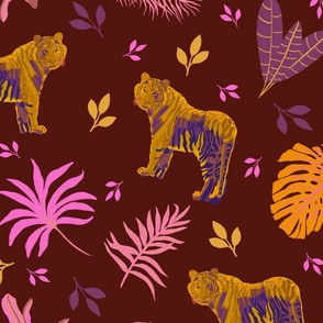 Jungle cats pink and gold on maroon - large