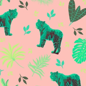 Jungle cats green on pink - large
