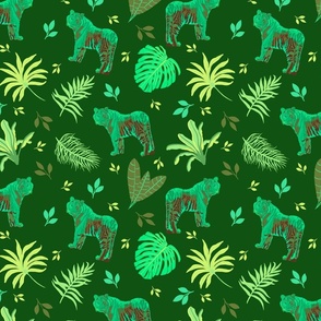 Jungle cats in green on dark green - medium