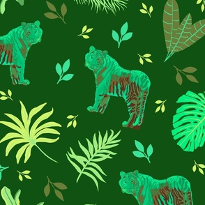 Jungle cats in green on dark green - large
