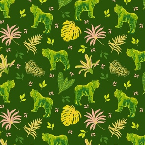 Jungle cats in lime and pink on dark green -  