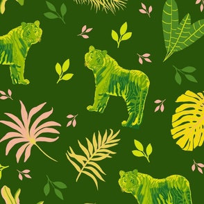 Jungle cats in lime and green on dark green - 