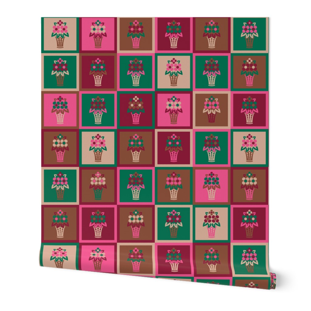 Flower Basket Checkerboards - Pink + Green + Brown