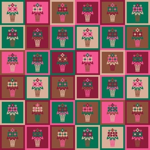 Flower Basket Checkerboards - Pink + Green + Brown