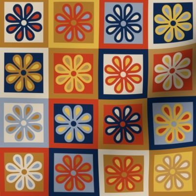 Flower Checkerboards - Vintage 1970s / Autumn / Fall - Orange + Blue