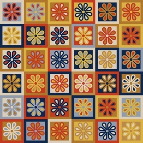 Flower Checkerboards - Vintage 1970s / Autumn / Fall - Orange + Blue