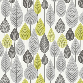 Fun Leaves and Trees Textured Collage Earth Tones Mix Large Whimsical Funky Retro Pattern in Neutral Colors Kendall Charcoal 686662 Turmeric Yellow Mustard CCCC52 Cool Gray BBBCBC Chantilly Lace Ivory White Beige F5F5EF Modern Geometric Abstract
