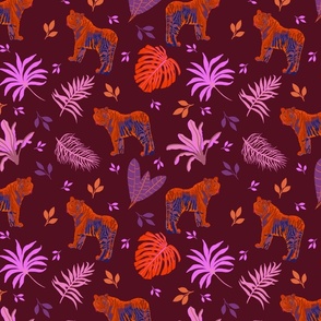 Jungle cats in orange and pink on maroon - 