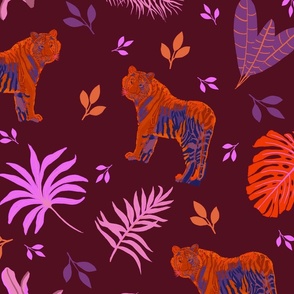 Jungle cats in orange and pink on maroon - 