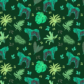 Jungle cats in turquoise on dark green - 