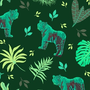 Jungle cats in turquoise on dark green - 