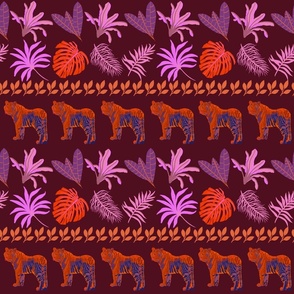 Jungle cat stripes can orange and pink on maroon - 