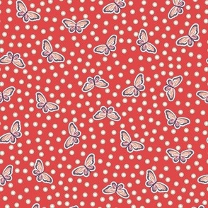 Calico style polka dots and cute butterflies scattered on bright red - mid size