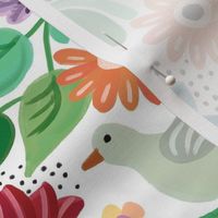 Colorful pattern of graphical floral damask with cute birds playing around on a spring day - large