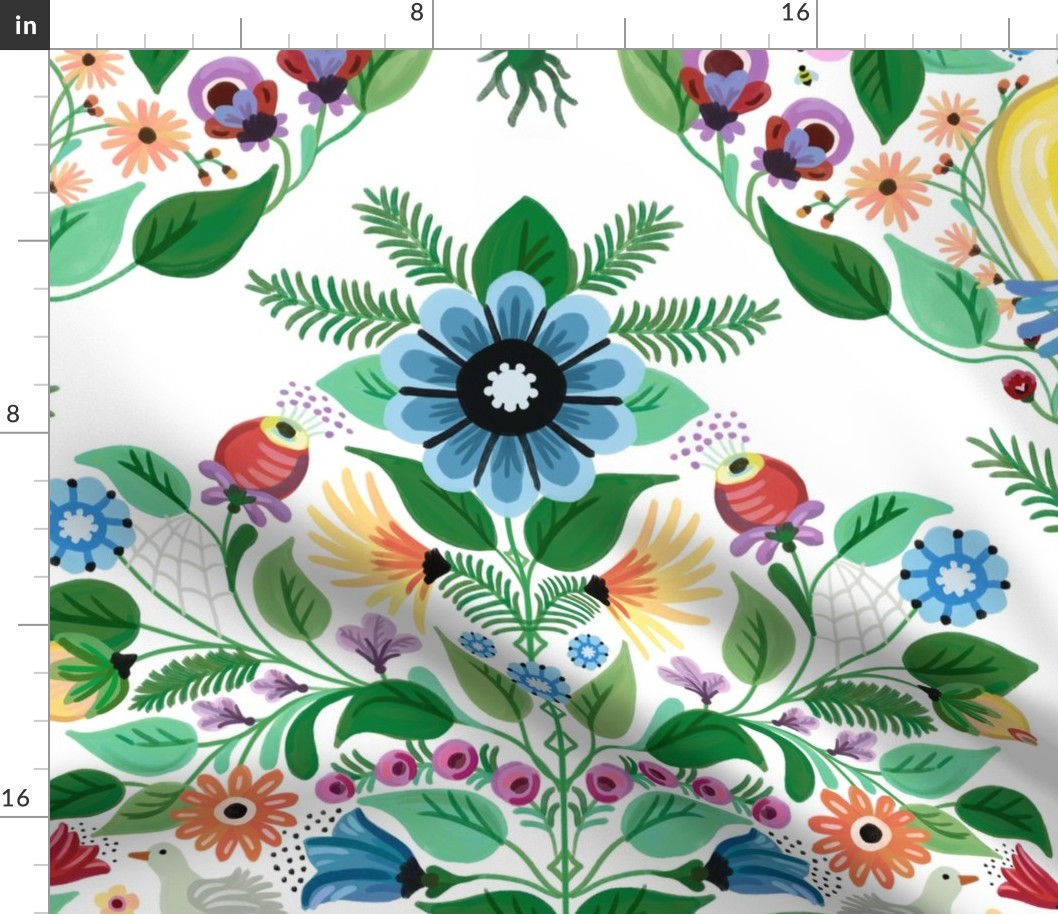 Colorful pattern of graphical floral damask with cute birds playing around on a spring day - large