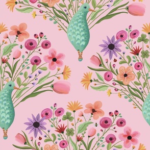 Delightful girly pattern of magical peacocks with cute floral tails on pink background - large  print
