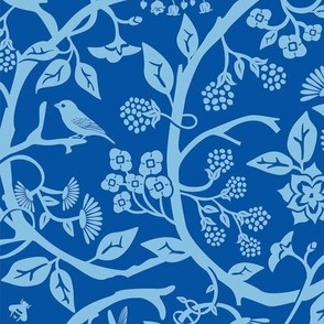 Blue color themed statement print - garden , flowers, branches, vines  and wildlife 