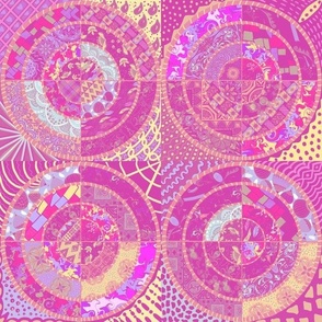 Circles in circles quilt in tiles geometric small pink hues and gold yellow 