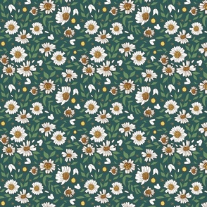 Regular Daisies and Green Leaves on Emerald Background Drawing Vector Pattern