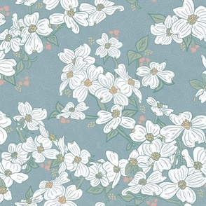 Dogwood flower and tree branches in light blue with sage green and coral pink accents