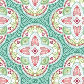 Turquoise Floral Medallion - green, blue, red - wallpaper