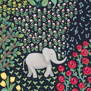 Whimsical jungle with cute elephants and densed ditsy floral layout - large 