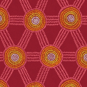 Stitched geometry on deep ruby red - medium scale / 15" fabric / 12" wallpaper