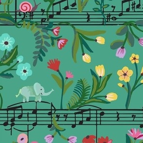 Magical scene of baby elephants playing in a colorful flower garden with music notes and hidden moths - hand painted and gouache - large scale 