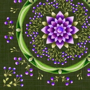 Green and Purple Mandala on Dark Green - Large