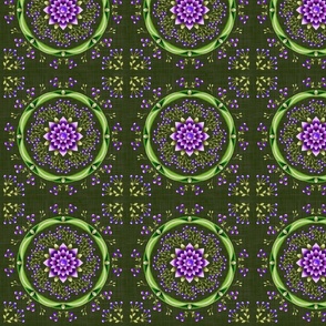 Green and Purple Mandala on Dark Green  - Medium