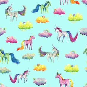 (large) - Unicorns and Clouds on blue - Unicorn Magic Collection