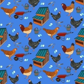 Happy Chickens on Blue