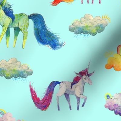 (medium) - Unicorns and Clouds on blue - Unicorn Magic Collection