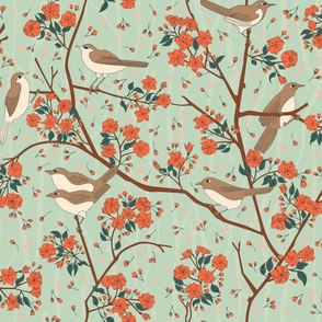 Sakura - Alight - Birds + Cherry Blossom Flowers + Buds on Matcha / Mint Green