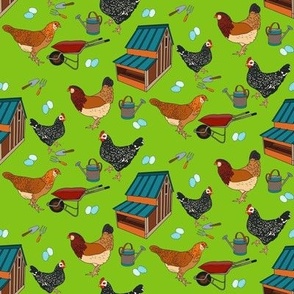 Happy Chickens on Green